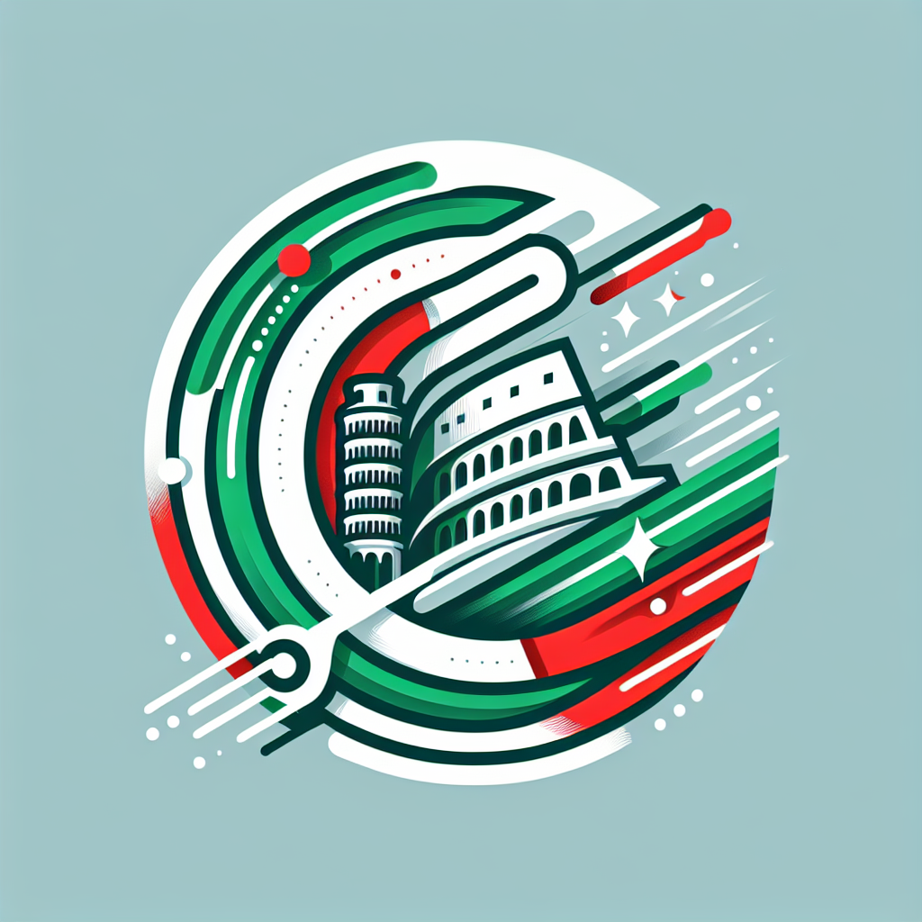 Logo che rappresenta l\'Italia con elementi simbolici come il Colosseo o la Torre di Pisa. L\'uso dei colori verde, bianco e rosso, con uno stile moderno e minimalista. Un font chiaro e leggibile con una grafica dinamica che richiami l\'informazione veloce.