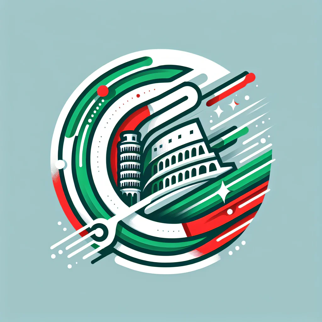 Logo che rappresenta l\'Italia con elementi simbolici come il Colosseo o la Torre di Pisa. L\'uso dei colori verde, bianco e rosso, con uno stile moderno e minimalista. Un font chiaro e leggibile con una grafica dinamica che richiami l\'informazione veloce.